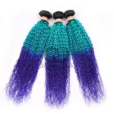 Un bon prix. #T1B/Light Blue/Blue Kinky Curly Remy Boucles de cheveux humains cousues en tissage Boucles de paquets Brésiliennes en ligne