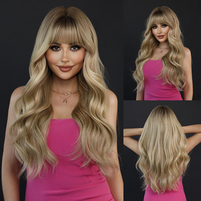 Fashion Long Body Wave Dark Root Hair  Blonde Synthetic Wigs For Women