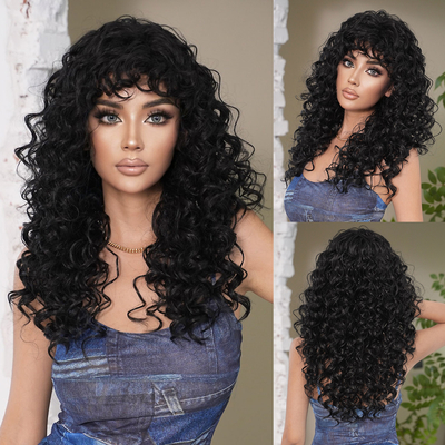 Fashion Long Deep Curly Hair Natural Black Synthetic Wigs For Women