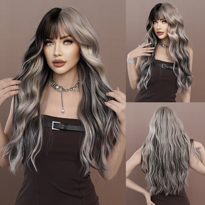 Good price Fashion Long Body Wave Hair Silver/Black Synthetic Wigs For Women online