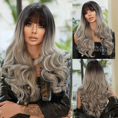 Good price Fashion Long Body Wave Dark Root Hair  Black/Grey Synthetic Wigs For Women online