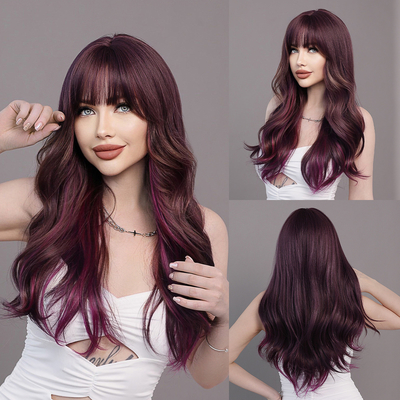 Good price Fashion Long Body Wave Hair Dark Wine Synthetic Wigs For Women online