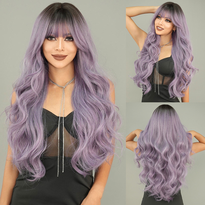 Good price Fashion Long Body Wave Dark Root Hair Purple Synthetic Wigs For Women online
