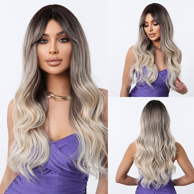 Good price Fashion Long Body Wave Dark Root Hair  Blonde Synthetic Wigs For Women online