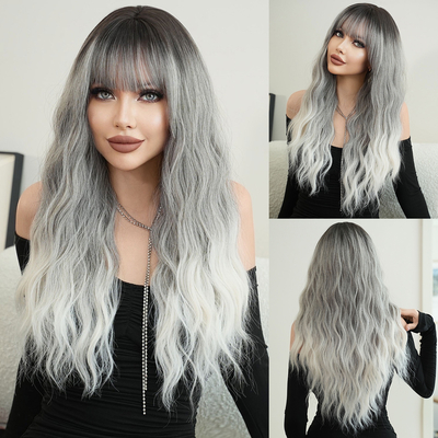 Good price Fashion Long Body Wave Dark Root Hair Grey/Blonde Synthetic Wigs For Women online