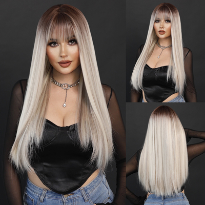 Good price Fashion Long Straight Dark Root Hair  Blonde Synthetic Wigs For Women online