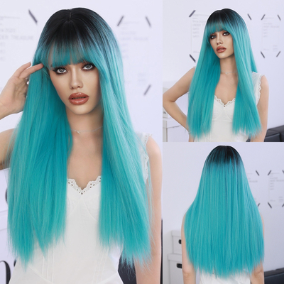 Good price Fashion Long Straight Dark Root Hair Blue Synthetic Wigs For Women online