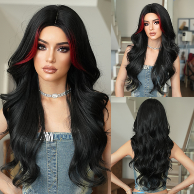 Good price Fashion Long Body Wave Hair Black/Red Synthetic Wigs For Women online