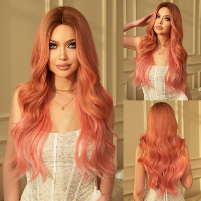 Good price Fashion Long Body Wave Dark Root Hair Pink Synthetic Wigs For Women online