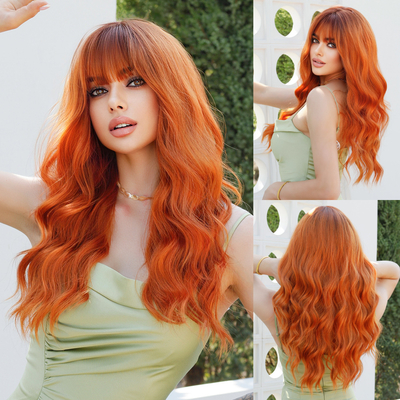 Good price Fashion Long Body Wave Dark Root Hair Orange Synthetic Wigs For Women online